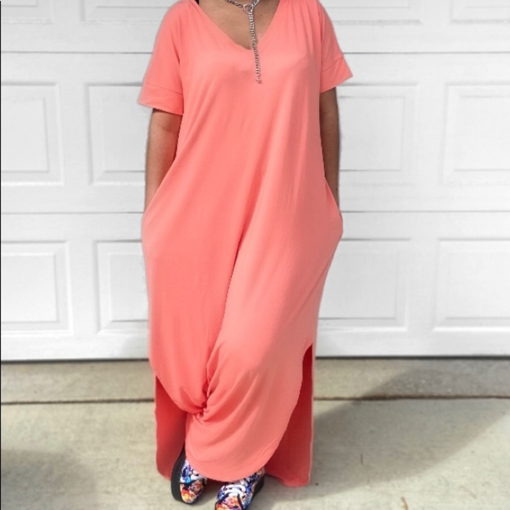 Coral V-Neck T Shirt Dress